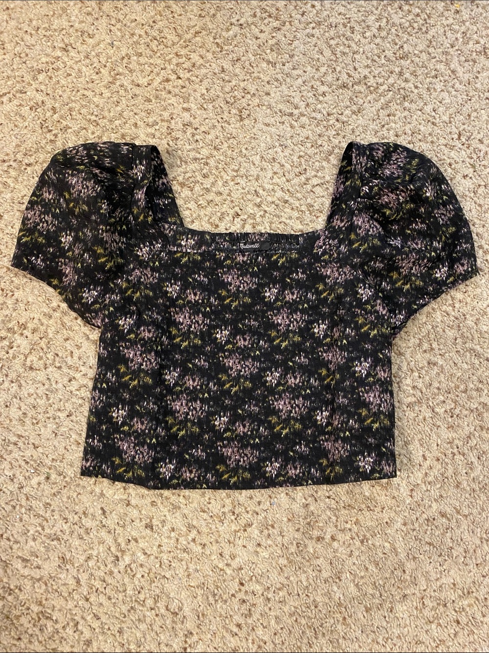 Madewell Black Floral Square-Neck Puff Sleeve Crop Top